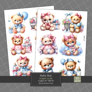 Teddy Bears Fussy Cuts Clipart, Printable Bear Theme Ephemera, Baby Bears Junk Journal Kit, Scrapbooking Die Cuts