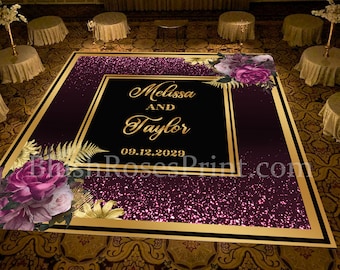 Purple Gold and Black Dance Floor Sticker, Removable Dancing Floor Sticker, Boho Floral Dance Floor Decal, Rustic Flowers DFS12