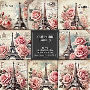 Vintage Eiffeltoren shabby chic rozen plakboek blok digitaal, vintage Parijse scène ongewenste dagboekpagina's, romantische kaarten maken