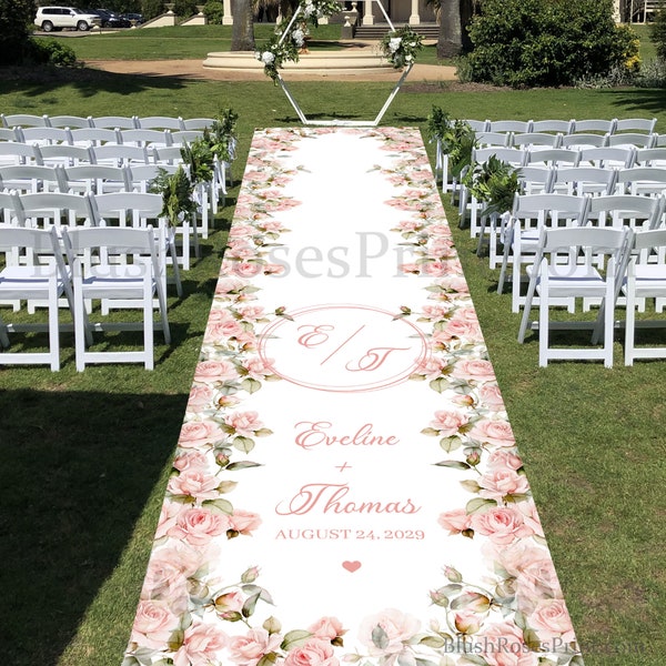 Boho Blush Roses Wedding Aisle Runner, Personalized Dusty Pink Roses Flowers Aisle Runner,  Bohemian Watercolor English Roses, WR13