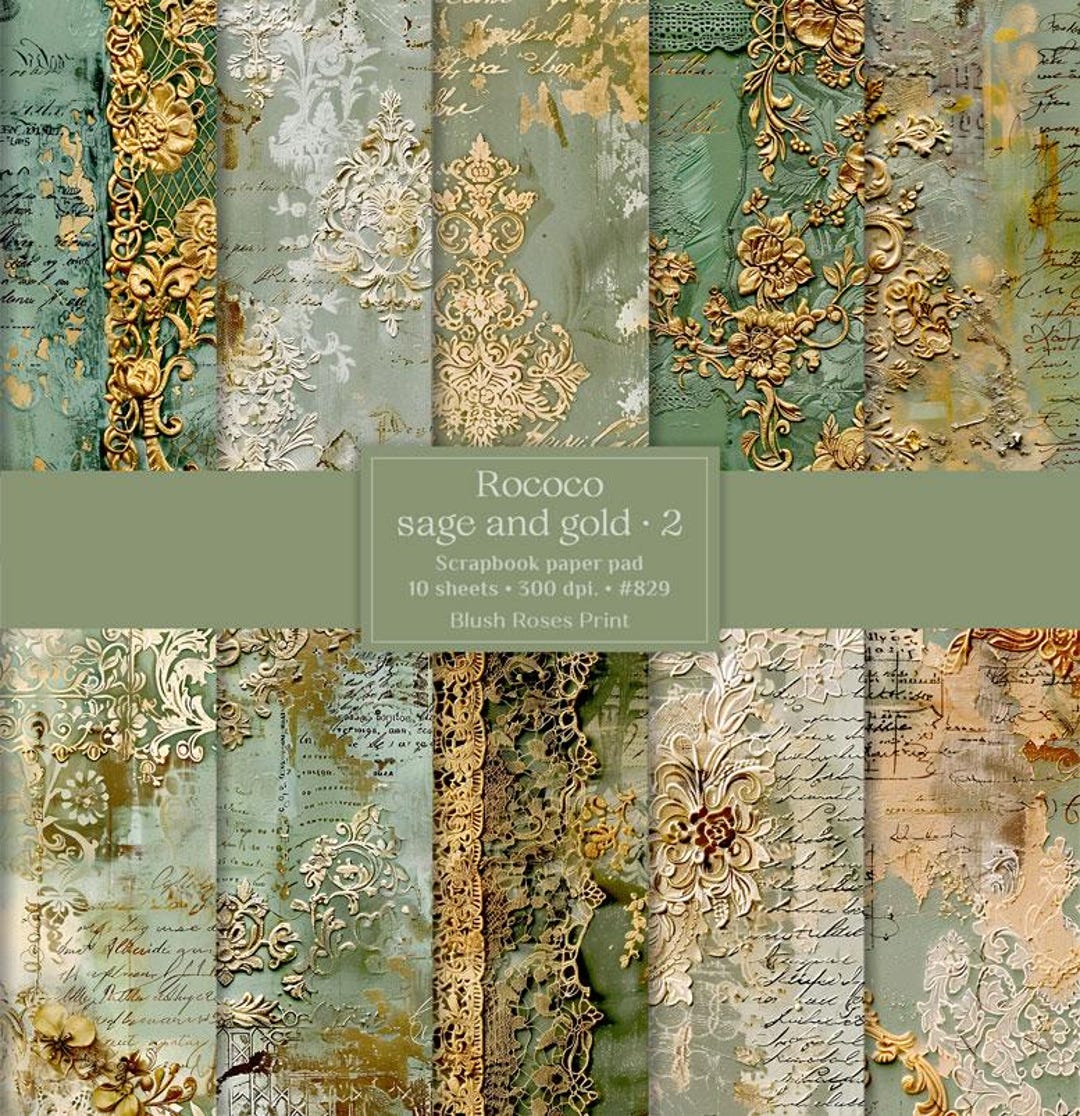 Vintage Green and Gold Scrapbook Paper Pad Ephemera Baroque Rococo ...
