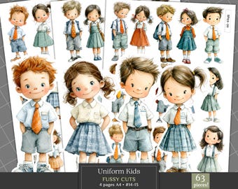 Watercolor Uniform Kids Fussy Cuts Clipart, Back to School Printable Clip Art, Junk Journal Kit, Students Scrapbooking Die Cuts