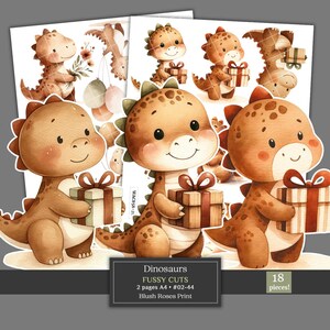May include: Watercolor illustrations of cute, cartoon dinosaurs in shades of brown and tan. Some dinosaurs hold gifts with red bows. The text reads "Dinosaurs FUSSY CUTS" and "Blush Roses Print". The image includes 18 pieces.