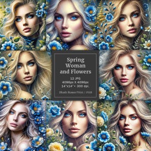Bella donna primaverile e fiori su carta digitale, immagini digitali ad ALTA RISOLUZIONE con ragazza primaverile e fiori blu e gialli su album