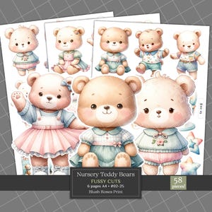 Nursery Teddy Bears Fussy Cuts Clipart, Printable Bear Theme Ephemera, Baby Bears Junk Journal Kit, Scrapbooking Die Cuts