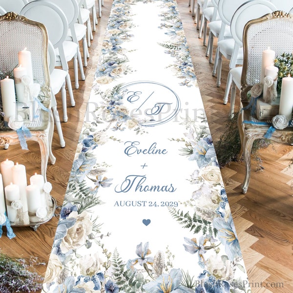 Aisle Runner for wedding with dusty blue flowers, Personalized Boho blue floral Aisle Runner, Winter light pastel  blue and ivory flowers 12