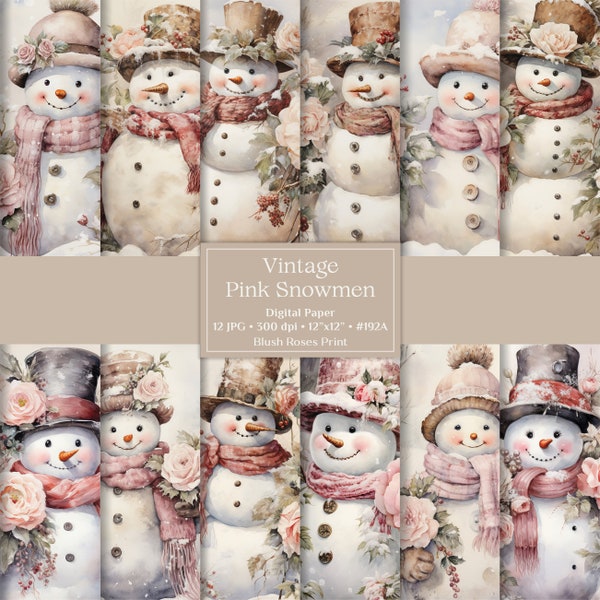 Vintage Watercolor Pink Snowmen Digital Paper Snowmen with Pink  Flowers Junk Journal Pages Scrapbook Paper Pad Rustic Snowman Winter Paper