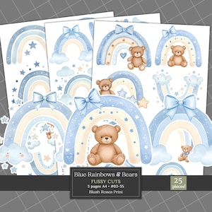 Może przedstawiać: Zestaw papierowych wycinanek z akwarelowymi ilustracjami niebieskich tęcz, pluszowych misiów, gwiazd i chmur. Projekty zawierają kokardy i są oznaczone jako "Blue Rainbows & Bears" i "Fussy Cuts". Zestaw zawiera 25 elementów.