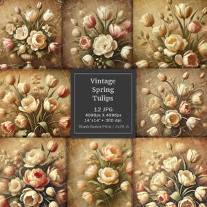 Vintage spring tulips digital paper, Watercolor Spring flowers scrapbook paper pack, floral paper, Sepia colors, muted colors, ephemera