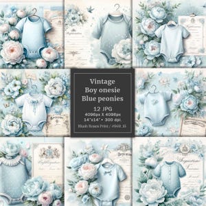 Vintage boy baby shower digital paper featured baby onesie and blue peonies, Vintage Scrapbook floral paper, Ephemera, junk journal pages