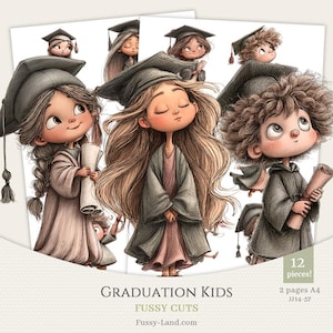 Può includere: Illustrazioni digitali di bambini in abito da laurea. Le immagini presentano personaggi in stile cartone animato con cappelli e vesti di laurea, che tengono diplomi. La tavolozza dei colori include rosa tenui, grigi e marroni. Il testo "GRADUATION KIDS" e "FUSSY CUTS" è visibile.