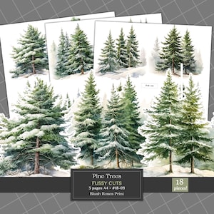 May include: A selection of watercolour pine tree cutouts on white paper. The trees are various sizes and feature green needles and snow. The image includes text that reads "Pine Trees Fussy Cuts" and "18 pieces!"