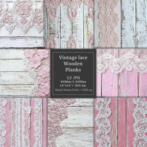 Papel digital para álbum de recortes con tablones de madera con encaje vintage, encaje blanco shabby chic, madera blanca, encajes rosas, páginas imprimibles