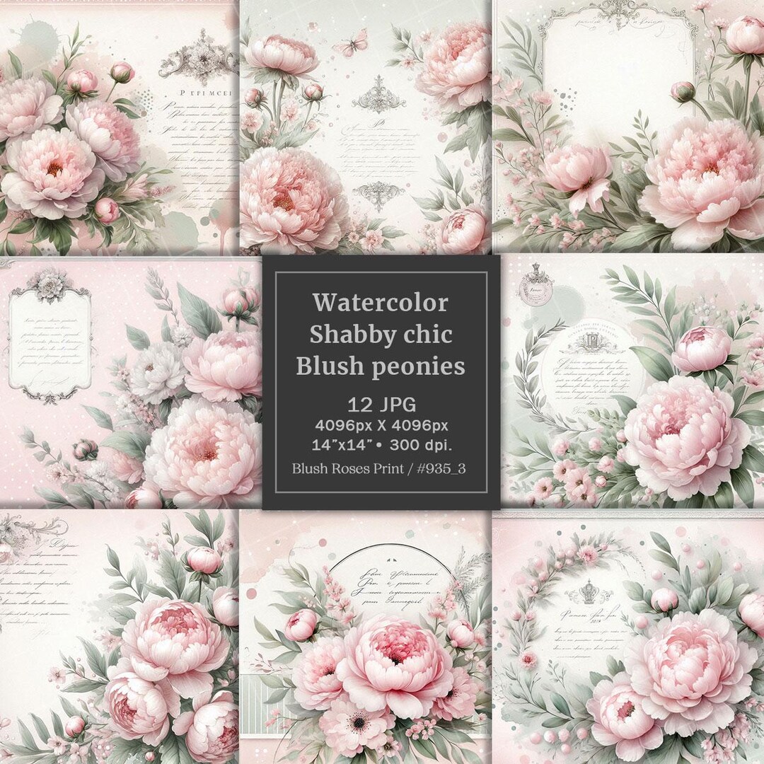 Watercolor Vintage Blush Peonies Digital Paper Pack, Shabby Chic Peony ...