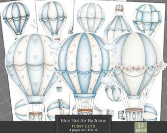 Blue Hot Air Balloons Fussy Cuts Clipart, Watercolor Dusty Blue Hot Air Balloons, Blue White Ivory Balloons Printable Ephemera