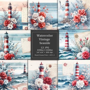 Papier numérique vintage aquarelle bord de mer, papier de scrapbooking nautique, phare, haute qualité, papier imprimable, papiers de fabrication de cartes maritimes