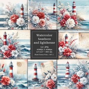 Papier numérique aquarelle bord de mer, bloc de papier de scrapbooking nautique, phare, haute qualité, papier imprimable, papiers de fabrication de cartes maritimes