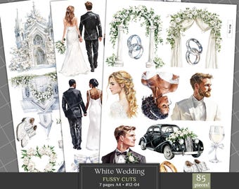 Puede incluir: Una colección de recortes minuciosos de boda blanca con ilustraciones en acuarela. Incluye imágenes de parejas, arcos de boda, anillos, un coche antiguo y una iglesia. El texto dice "White Wedding Fussy Cuts" y "85 piezas!"
