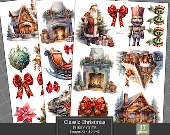 May include: Christmas-themed fussy cuts with images of Santa, a nutcracker, bows, fireplaces, a train, and a cabin. The set includes 37 pieces. Text reads "Classic Christmas Fussy Cuts" on the bottom.