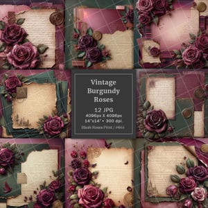 Pacchetto di carta digitale con rose vintage bordeaux, pagine di diario con rose rosso scuro acquerellate, blocco di carta per scrapbooking floreale Marsala effimera