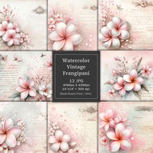 Aquarell Vintage Frangipani digitales Papier, Shabby Chic tropisches Blumen Papier, Ephemera, Junk Journal Seiten, Scrapbook Papierblock