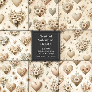 Carta digitale con cuori di San Valentino dai colori neutri e terrosi, Margherita bianca acquerellata, Confezione di carta per San Valentino beige avorio e bianco Diario di San Valentino