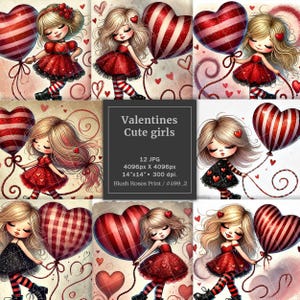Blocco di carta digitale con bambina dei cartoni animati di San Valentino con palloncino a forma di cuore rosso glitterato, immagini digitali di ALTA QUALITÀ, clipart di San Valentino JPG