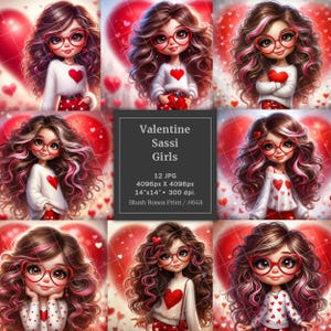 Cute Valentine sassy girls digital image sublimation, Cool cartoon girl Digital paper pad, Watercolor funny Valentine's girls, Red hearts