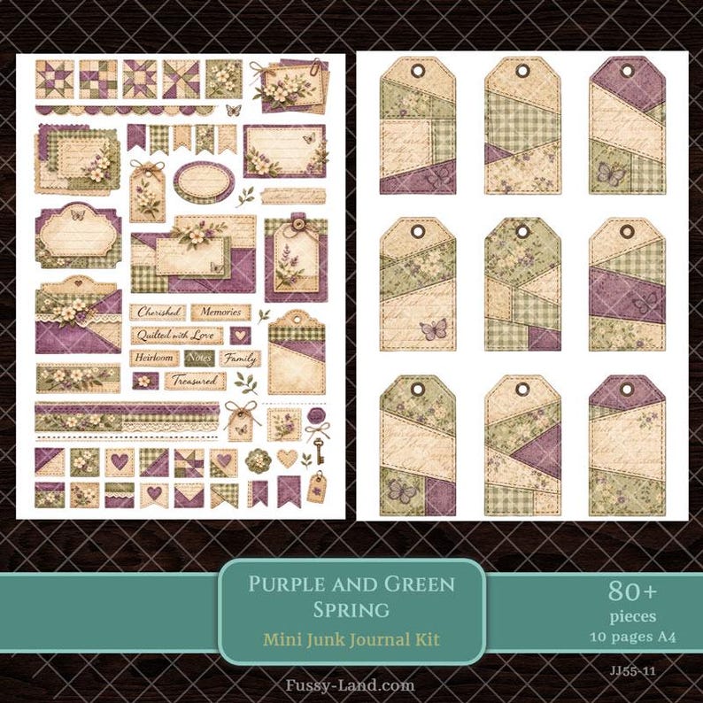 Vintage Shabby Chic Purple and Green Junk Journal Kit, Floral Spring ...