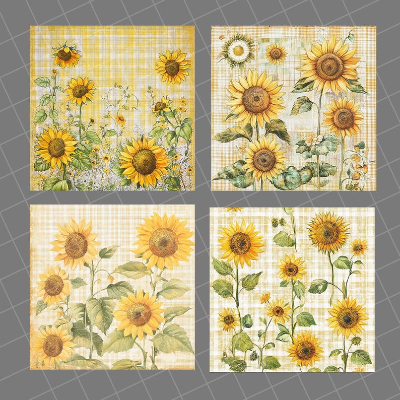 Vintage Sunflowers Digital Paper, Watercolor Sunflowers Floral Paper ...