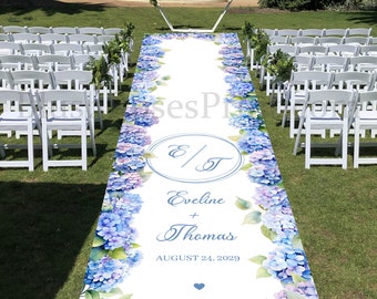 Wedding aisle runner with dusty blue hydrangeas, Personalized Boho blue floral Aisle Runner, Dusty pink and Dusty Blue Hydrangeas #20