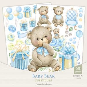 Puede incluir: Ilustraciones en acuarela con temática de bebé. La imagen presenta osos de peluche, cajas de regalo, globos, flores y una silla de bebé en tonos azules, amarillos y beige. También incluye el texto "Baby Bear" y "Fussy Cuts".