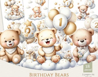 Cute Birthday Teddy Bears with Gold Balloons Clipart Fussy Cuts, Watercolor Clip art, Scrapbook Printables, Junk Journal Kit