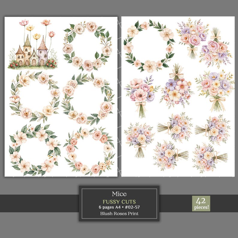May include: A collection of floral elements, including wreaths and bouquets, in soft pastel colors. The image features a whimsical castle illustration and the text "Mice Fussy Cuts, Blush Roses Print". Includes 42 pieces.