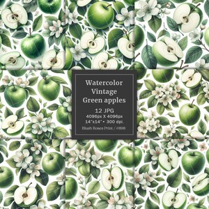 Pacote de papel digital com maçãs verdes em aquarela, frutas de verão vintage, flores de maçã branca, páginas de diário de lixo, itens efêmeros, papéis para fazer cartões