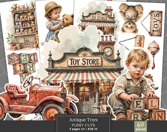 Op de afbeelding: Een collage van afbeeldingen met antiek speelgoedthema. Bevat een illustratie van een speelgoedwinkel, een oldtimer, kinderen met teddyberen en alfabetblokken. De tekst luidt "Antique Toys Fussy Cuts" en "40 stuks!"