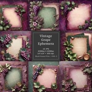 Blocco di carta per scrapbooking con uva bordeaux e carte strappate, blocco di carta per scrapbooking digitale con uva merlot rossa, pagine di diario spazzatura digitale Immagini di ALTA QUALITÀ JPG