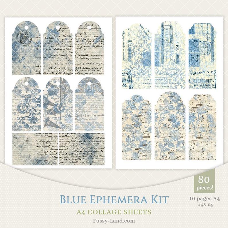 Vintage Blue Ephemera Basic Junk Journal Kit Digital, Printable A4 ...