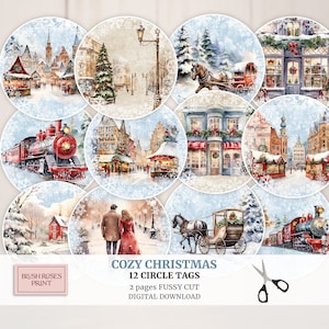 Cozy Christmas Fussy Cuts, Junk Journal Circle Tags, Christmas Digital elements for card making art, Digital Round Stickers, Cupcake Toppers
