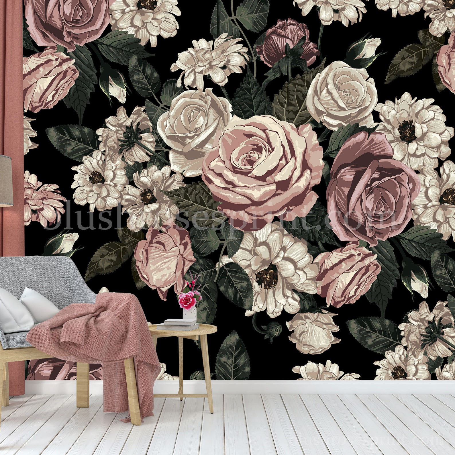 Boho Dusty Rose Wallpaper Sticker Vintage Roses Flowers | Etsy