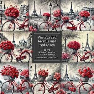 Imágenes digitales de San Valentín en formato JPG con rosas rojas, Torre Eiffel en París, Bicicleta roja vintage con cesta de rosas rojas, clipart digital Love
