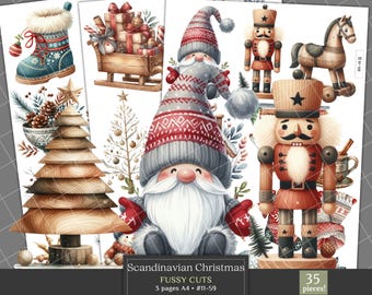 May include: A collection of Scandinavian Christmas-themed fussy cuts. The images include a gnome, nutcrackers, a wooden horse, a Christmas tree, a sleigh with gifts, and a decorated boot. The text on the image says "Scandinavian Christmas Fussy Cuts".