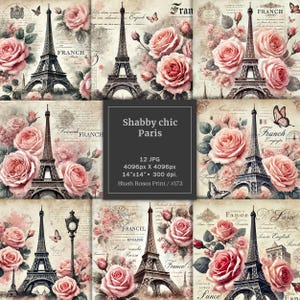 Papel digital con escena de París vintage, páginas de diario basura con diseño de la Torre Eiffel con motivos florales shabby chic, papel para hacer tarjetas románticas de San Valentín, flores vintage
