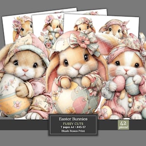 Puede incluir: Ilustraciones de conejitos de Pascua en colores pastel. Los conejitos llevan gorros y sostienen huevos decorados. La imagen incluye el texto "Easter Bunnies, FUSSY CUTS, 7 pages A4, #45-57, Blush Roses Print, 42 pieces!"
