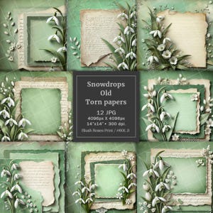 Vintage snowdrops digital paper, Spring flowers junk journal pages digital, Spring ephemera, Old torn papers, Watercolor snowdrops