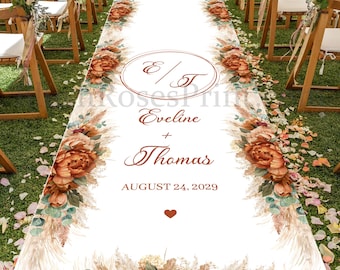 Terracotta Floral Wedding Aisle Runner, Boho Copper Flowers Personalized Aisle Runner, Burgundy Roses, Eucalyptus Custom Isle Runner WR10