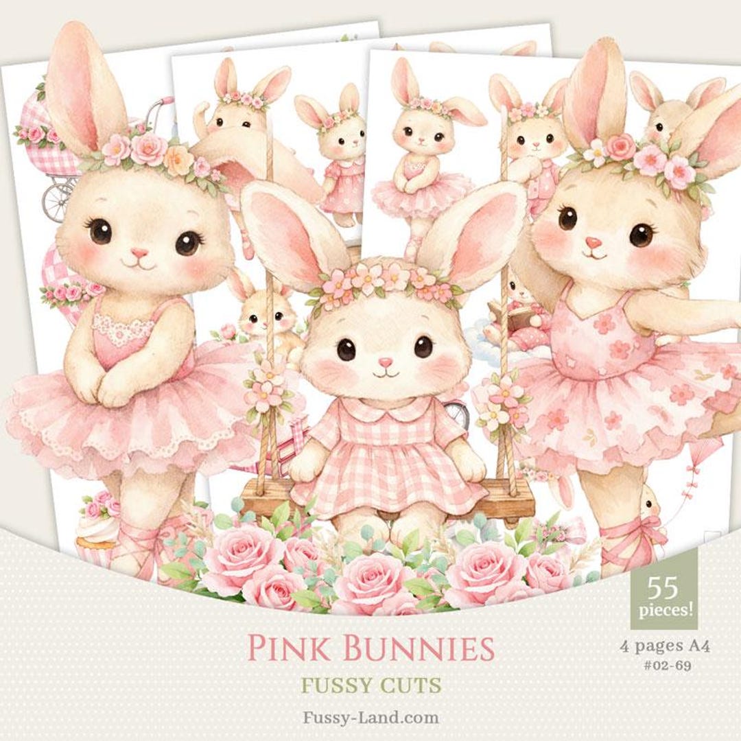 Cute Pink Bunnies Clipart Fussy Cuts, Watercolor Bunny Clip Art ...