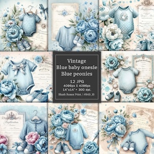 Watercolor boy baby shower digital paper featured baby onesie and blue peonies, Vintage Scrapbook floral paper, Ephemera, junk journal pages