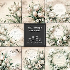 Watercolor vintage white tulips digital paper pack, Ephemera, Spring flowers, junk journal pages, scrapbook paper pack