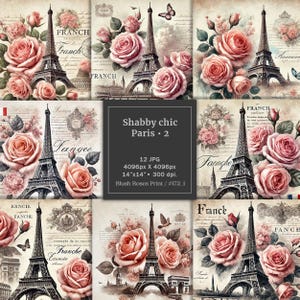 Bloc de papel para álbum de recortes digital con rosas shabby chic de la Torre Eiffel vintage, páginas de diario basura con escenas de París vintage, papeles para hacer tarjetas románticas